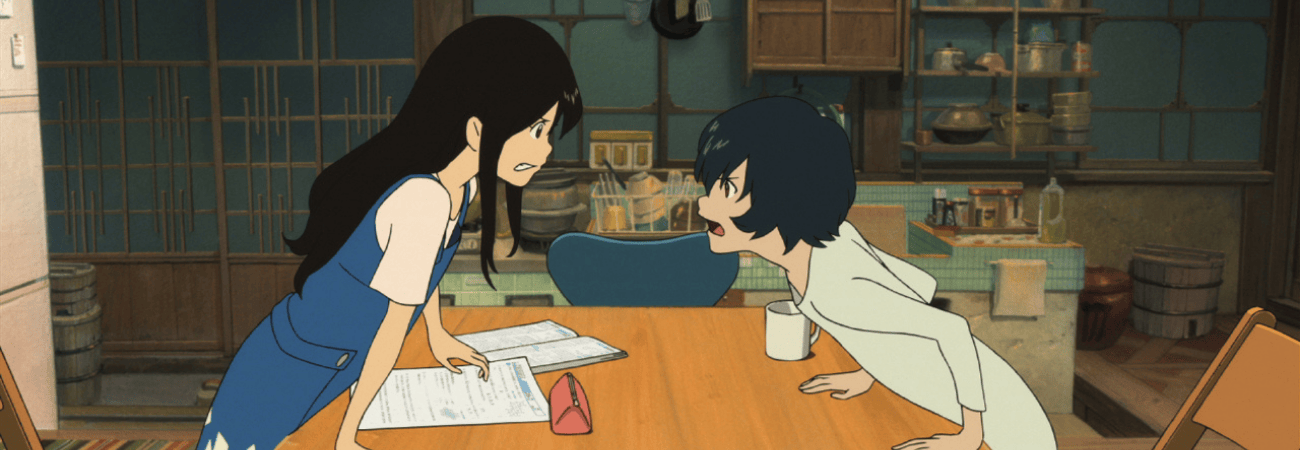 Two children arguing at a dinner table. One has their homework on the table.